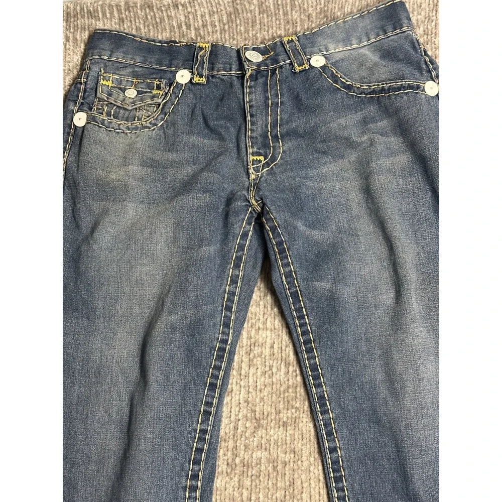 TRUE RELIGION Jeans Mens 36x33 Straight Leg Blue Denim Yellow Stitching